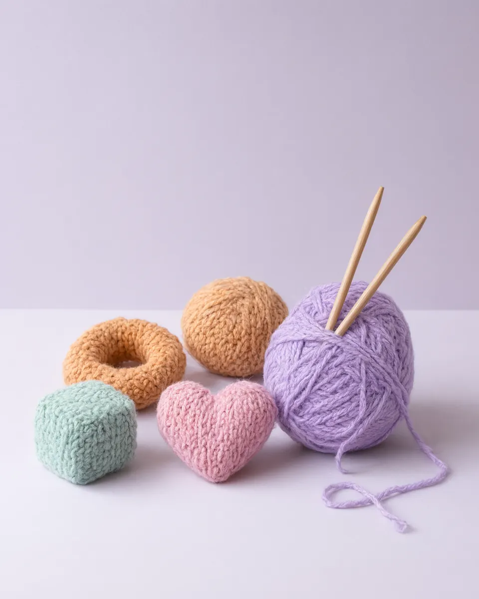 Hand-knitted pastel shapes: a pink heart, a mint cube, tan rings and a lavender yarn ball with needles